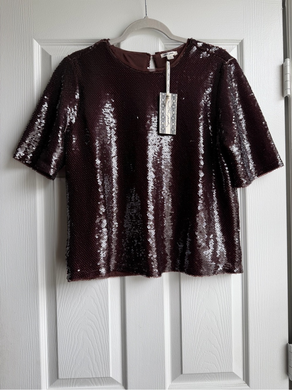Ultra Pink Burgundy Sequin Short Sleeve Top